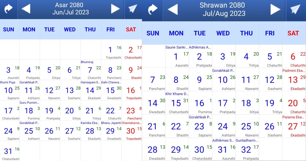 Kartik Mangsir calendar