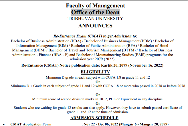 TU Faculty of Management Re-Entrance of CMAT exam
