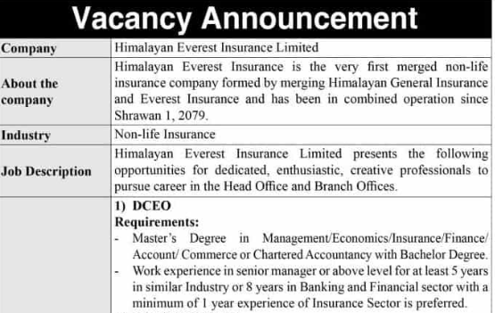 Himalayan Everest Insurance has a job opening.