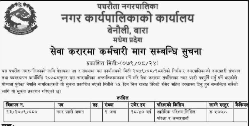 Nagar Prahari job opening in Pachrauta Municipality