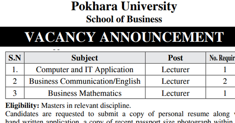 Vacancy for Lecturer at Pokhara University School of Business