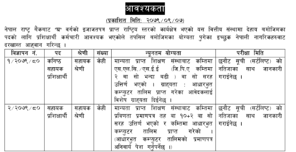 Jeevan Bikas Laghubitta Bittiya Sanstha Limited has a position open.