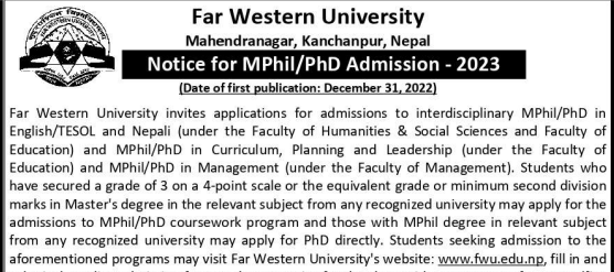 Ph.D. and MPhil admission is now open at Far Western University for the class of 2023.